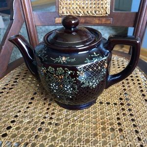 Vintage Brown Betty Ceramic Teapot Hand Painted